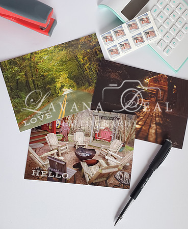 Postcards: Firepit. Tunnel. Cabin